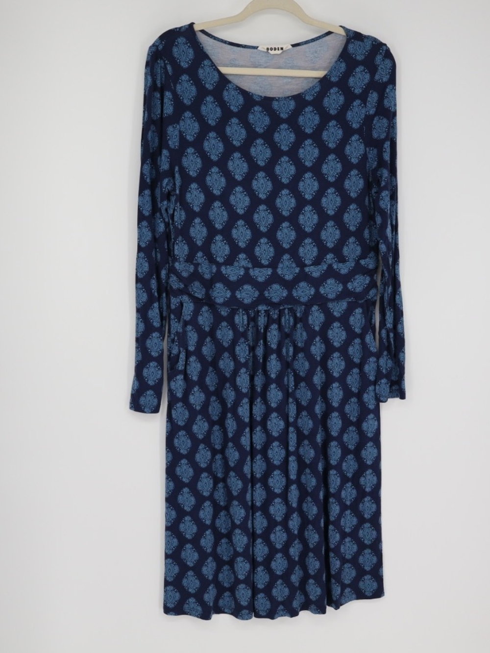 Boden Abigail Jersey Dress 14R Navy Blue Paisley Long Sleeve Pockets A-Line - Picture 2 of 15